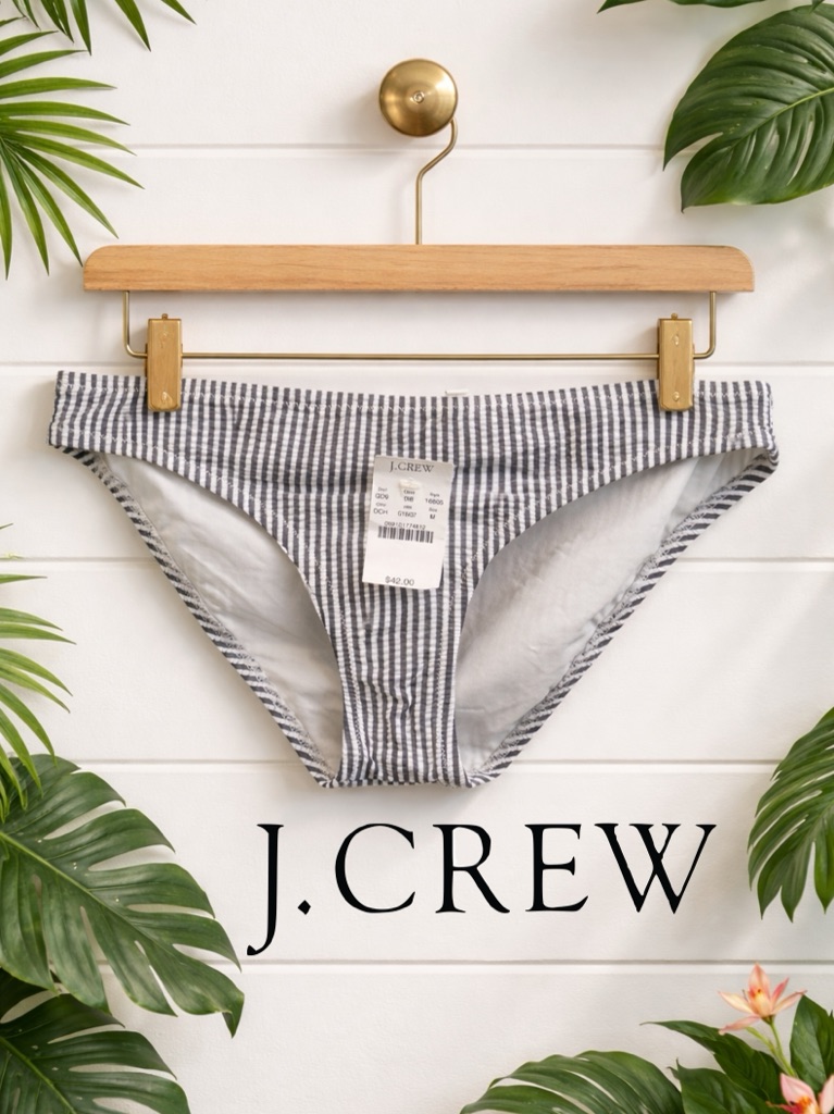 J. Crew Seersucker Bikini Bottoms Gray White Striped Size Medium Nwt Beachy
